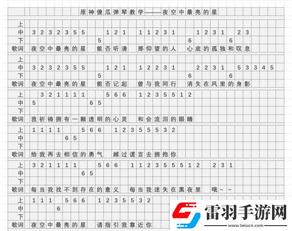 原神夜空中最亮的星琴譜簡譜分享